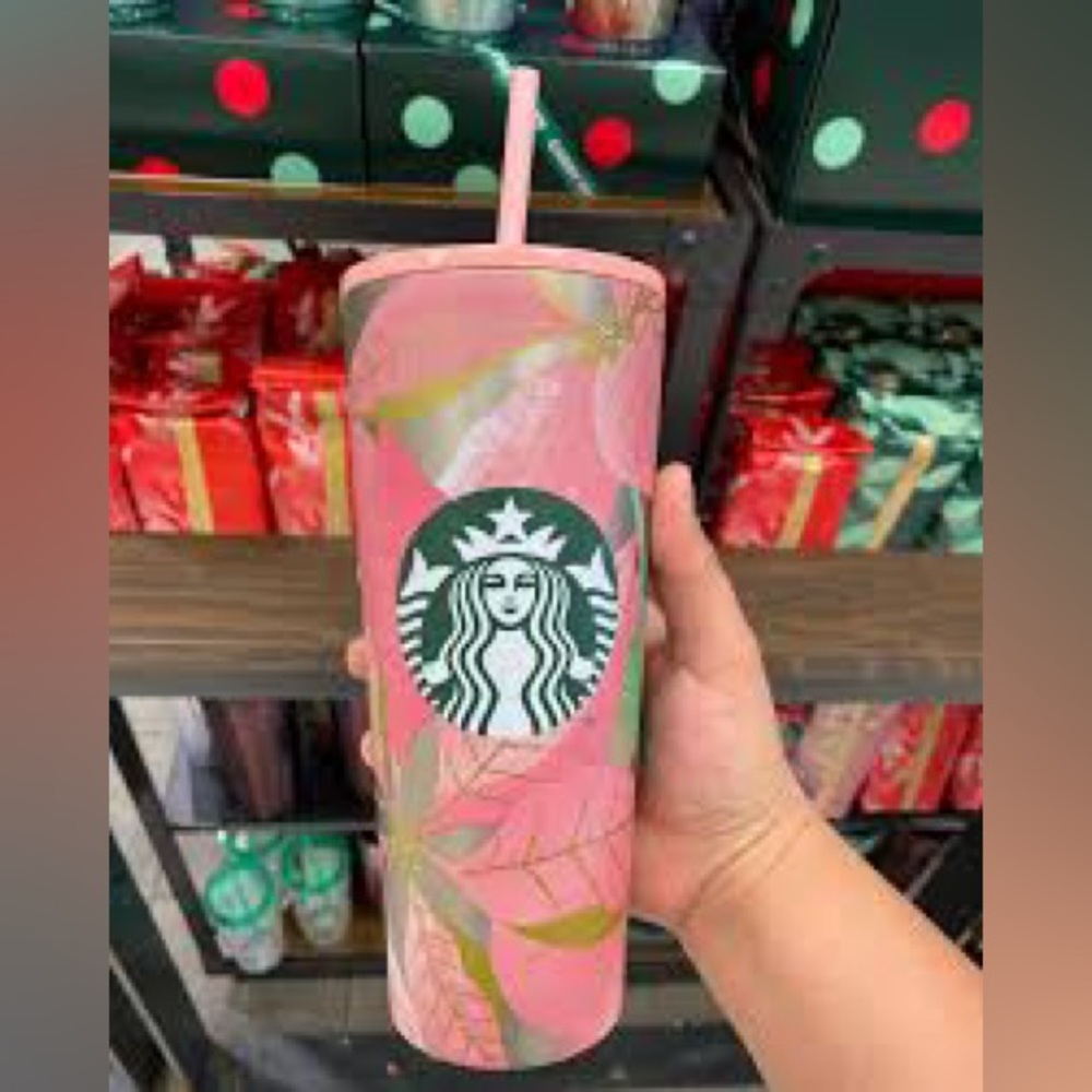 NWT Retired Starbucks Pink Poinsettia Pink Stainless Steel Tumbler 2020